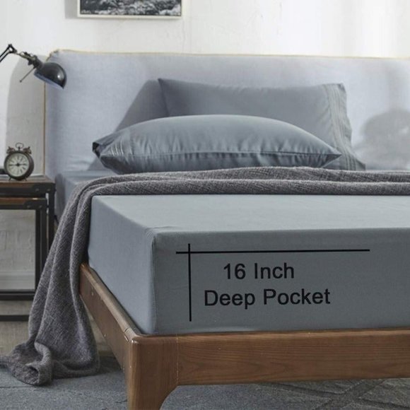 New King Size Dark Grey Microfiber Bed Sheets Set 4 Piece with Fl… - Picture 4 of 7